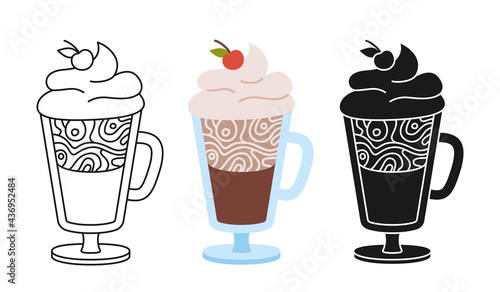 Coffee glass goblet cartoon set. Line icon, black glyph trendy style cup. Doodle flat cups tableware hot drink icon. Drinks with foam, branding and cafe label. Vector illustration