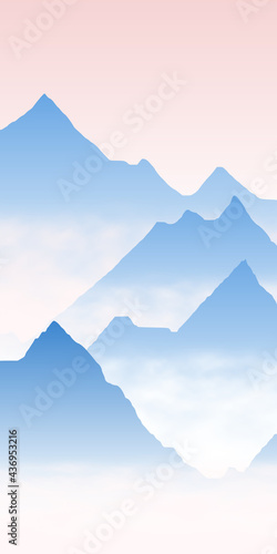 Mountain peaks above the clouds, morning fog. Vector illustration, vertical banner.