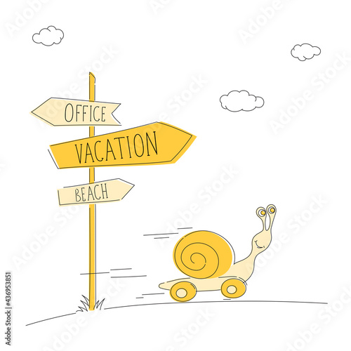 Concept of travel, tourism, vacation. Creative illustration. Snail flees from the office on vacation.