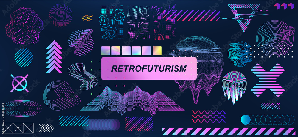Fototapeta premium Trendy retrofuturistic holographic collection in vaporwave style in 80s-90s. Old wave cyberpunk concept. Shapes design elements for disco genre, retro party or themed event. Neon shapes with glitch