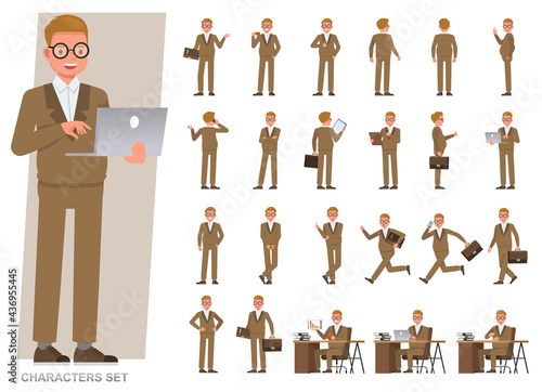 Set of businessman wear brown suit character vector design. People working in office planning, thinking and economic analysis.