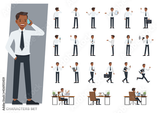 Set of businessman wear white suit and blue tie character vector design. People working in office planning, thinking and economic analysis.