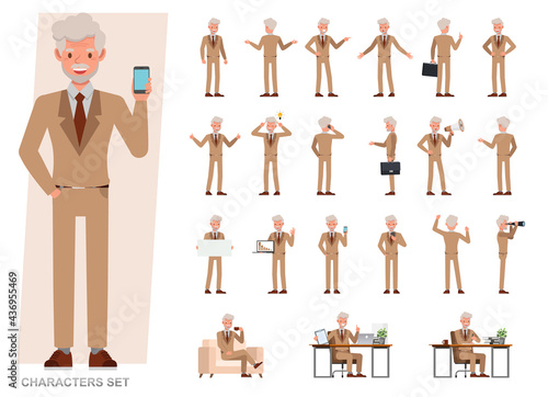 Set of Old businessman wear brown suit character vector design. People working in office planning, thinking and economic analysis.