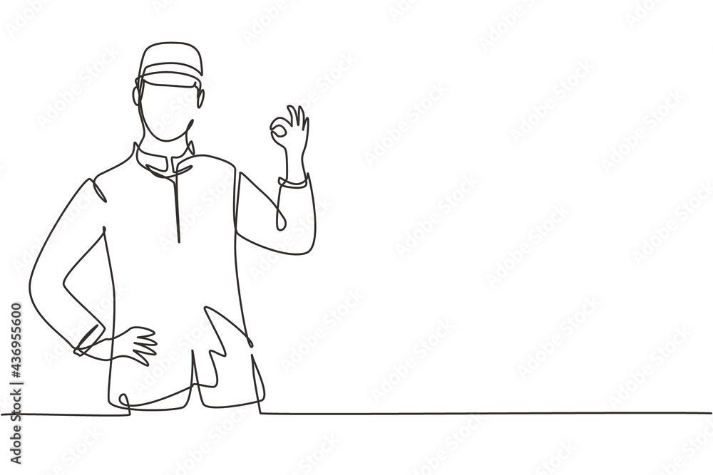 Single continuous line drawing hotel doorman in neat uniform with gesture okay. Serve guests friendly and warm manner. Professional person. Dynamic one line draw graphic design vector illustration Single continuous line drawing hotel doorman in neat uniform with gesture okay. Serve guests friendly and warm manner. Professional person. Dynamic one line draw graphic design vector illustration