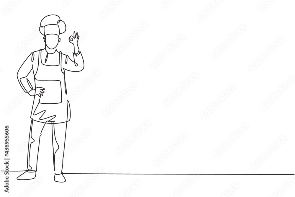 Single one line drawing chef stands with gesture okay and wear cooking uniform prepares ingredients to cook the best dishes. Success job. Modern continuous line draw design graphic vector illustration Single one line drawing chef stands with gesture okay and wear cooking uniform prepares ingredients to cook the best dishes. Success job. Modern continuous line draw design graphic vector illustration