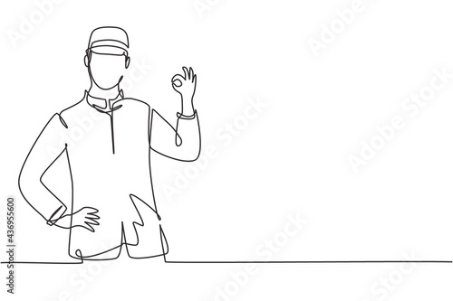 Single continuous line drawing hotel doorman in neat uniform with gesture okay. Serve guests friendly and warm manner. Professional person. Dynamic one line draw graphic design vector illustration