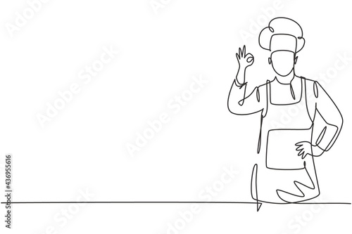 Single one line drawing of chef with gestures okay and wearing cooking uniforms is ready to cook meals for guests at famous restaurants. Modern continuous line draw design graphic vector illustration