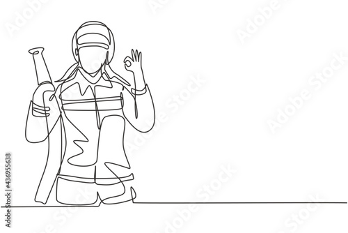 Single continuous line drawing firefighters with full uniform, gesture okay and holding hose prepare to put out the fire that burned building. Dynamic one line draw graphic design vector illustration