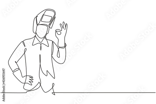 Single continuous line drawing welder with gesture okay works in the construction of building forming steel frame that is melted by fire. Dynamic one line draw graphic design vector illustration