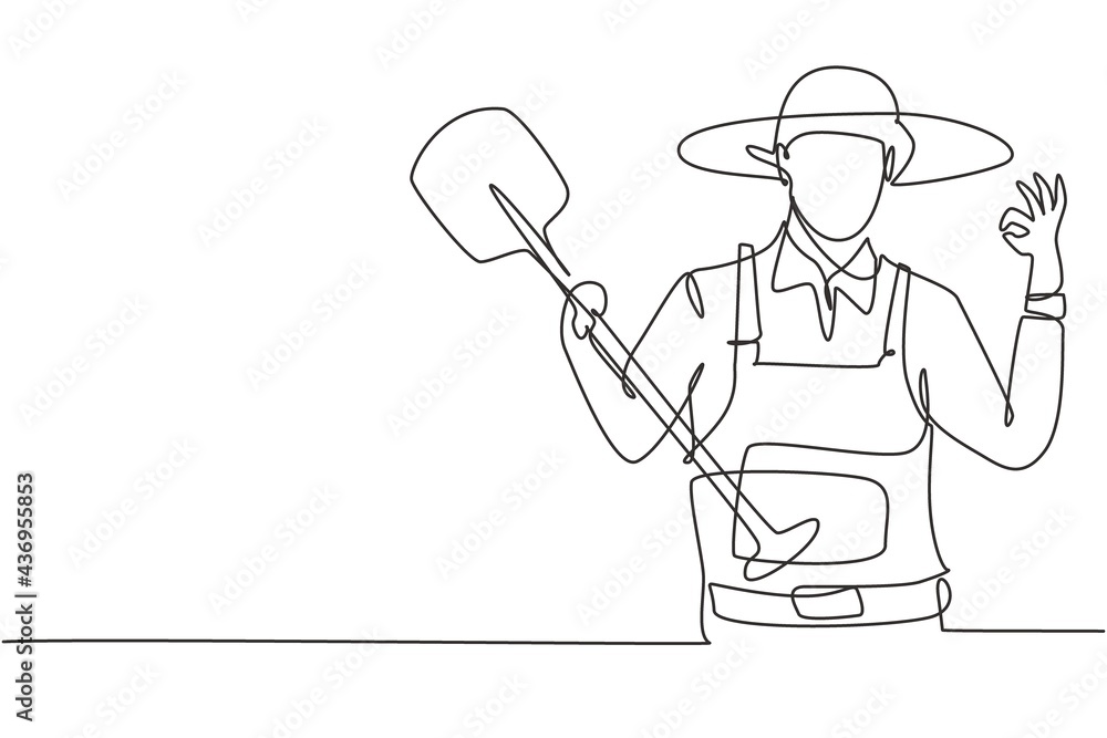 Single one line drawing of farmer with gesture okay wearing straw hat and carrying shovel to work on the farm. Success business concept. Modern continuous line draw design graphic vector illustration Single one line drawing of farmer with gesture okay wearing straw hat and carrying shovel to work on the farm. Success business concept. Modern continuous line draw design graphic vector illustration