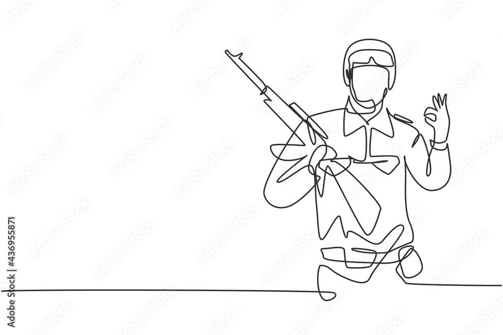 Single continuous line drawing soldier with weapon, full uniform, gesture okay is ready to defend the country on battlefield against enemy. Dynamic one line draw graphic design vector illustration Single continuous line drawing soldier with weapon, full uniform, gesture okay is ready to defend the country on battlefield against enemy. Dynamic one line draw graphic design vector illustration