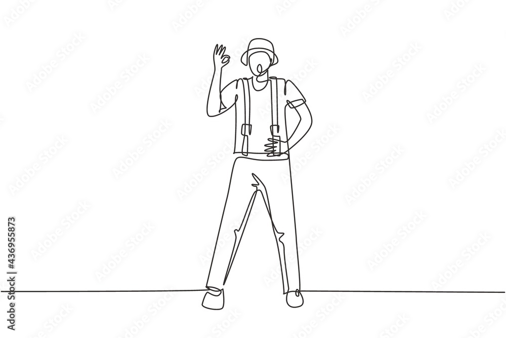 Obraz premium Single continuous line drawing mime artist stands with gesture okay and white face make-up makes audience laugh with silent comedy. Great show. Dynamic one line draw graphic design vector illustration