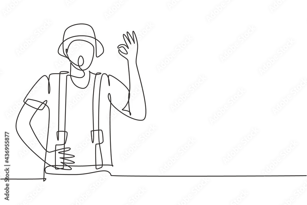 Single one line drawing of mime artist with gesture okay and white face make-up puts on a silent motion comedy show at circus arena. Modern continuous line draw design graphic vector illustration Single one line drawing of mime artist with gesture okay and white face make-up puts on a silent motion comedy show at circus arena. Modern continuous line draw design graphic vector illustration