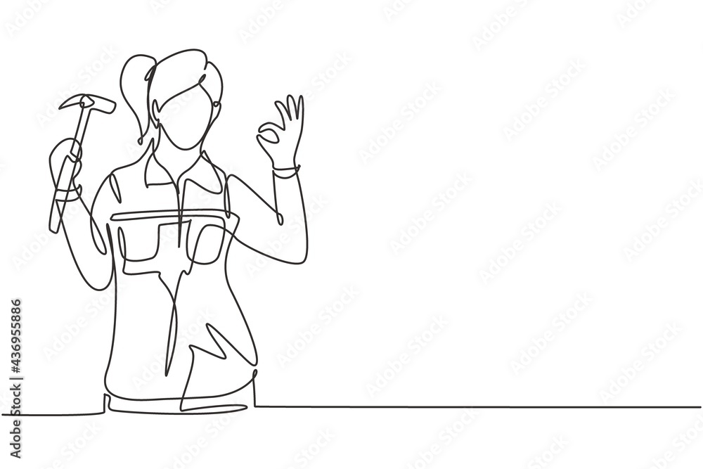 Single one line drawing female carpenter with gesture okay works in his workshop making wooden products. Skills in using carpentry tools. Modern continuous line draw design graphic vector illustration Single one line drawing female carpenter with gesture okay works in his workshop making wooden products. Skills in using carpentry tools. Modern continuous line draw design graphic vector illustration