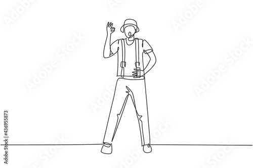 Single continuous line drawing mime artist stands with gesture okay and white face make-up makes audience laugh with silent comedy. Great show. Dynamic one line draw graphic design vector illustration