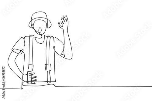 Single one line drawing of mime artist with gesture okay and white face make-up puts on a silent motion comedy show at circus arena. Modern continuous line draw design graphic vector illustration