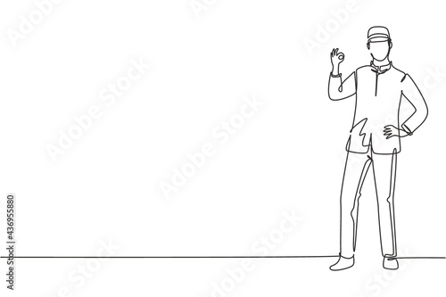 Single one line drawing of doorman stood with one hand on his waist and the other with gesture okay. Working with great hospitality. Modern continuous line draw design graphic vector illustration