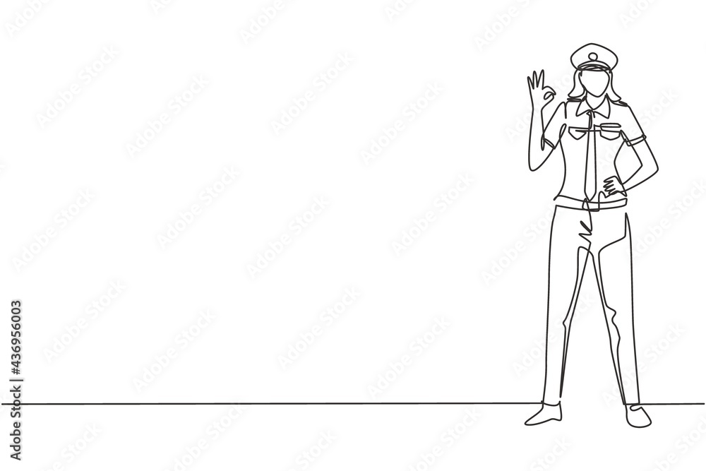 Single one line drawing of female pilot stands with gesture okay and complete uniform serves airplane passengers fly to destination. Modern continuous line draw design graphic vector illustration Single one line drawing of female pilot stands with gesture okay and complete uniform serves airplane passengers fly to destination. Modern continuous line draw design graphic vector illustration