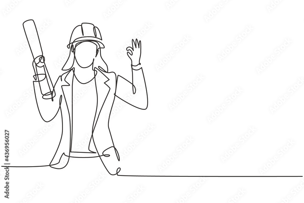 Single continuous line drawing female architect with gesture okay and wearing helmet carried building construction drawing paper. Success business. One line draw graphic design vector illustration Single continuous line drawing female architect with gesture okay and wearing helmet carried building construction drawing paper. Success business. One line draw graphic design vector illustration