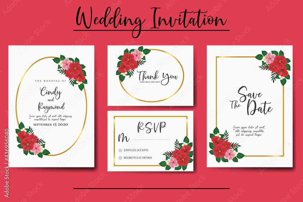 Wedding invitation frame set, floral watercolor hand drawn Red Hibiscus Flower design Invitation Card Template