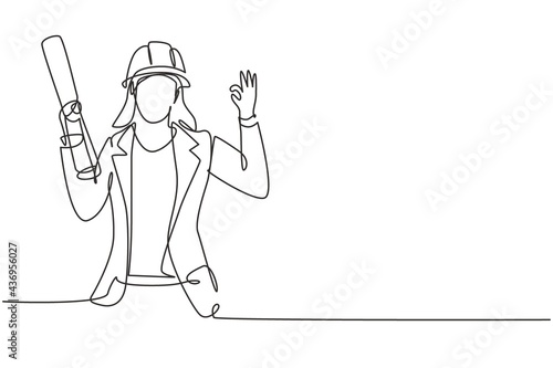 Single continuous line drawing female architect with gesture okay and wearing helmet carried building construction drawing paper. Success business. One line draw graphic design vector illustration