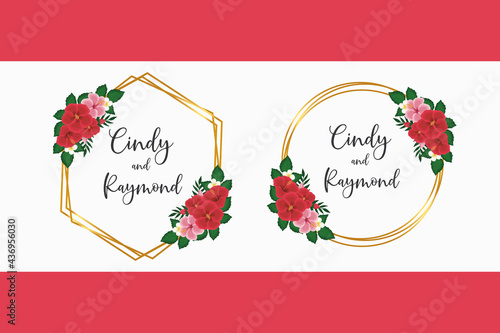 Wedding invitation frame set, floral watercolor hand drawn Red Hibiscus Flower design Invitation Card Template