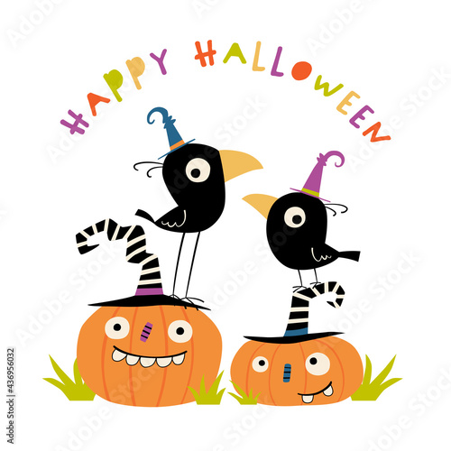 Flat style vector illustration of Halloween pumpkins and crows. Cute pumpkin with silly face and crow with witch hat.