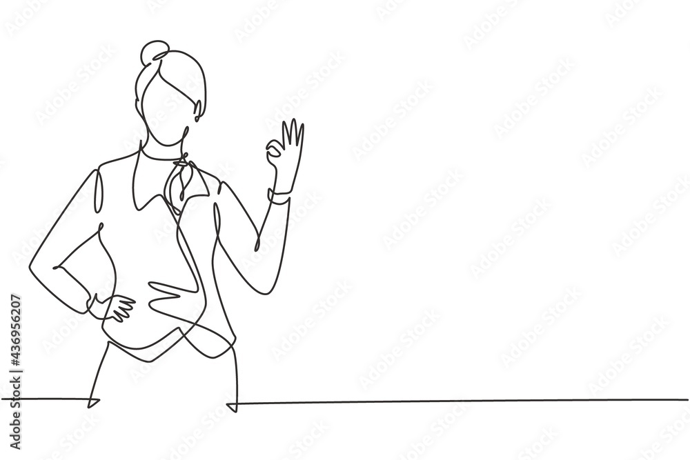 Single one line drawing flight attendant with gesture okay ready to serve airplane passengers in a friendly and warm manner. Professional work. Continuous line draw design graphic vector illustration Single one line drawing flight attendant with gesture okay ready to serve airplane passengers in a friendly and warm manner. Professional work. Continuous line draw design graphic vector illustration