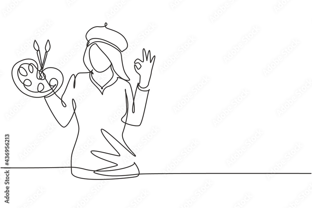 Single one line drawing female artist painter with gesture okay using painting tools such as brushes, canvas, and watercolors in producing art. Continuous line draw design graphic vector illustration - obrazy, fototapety, plakaty 
