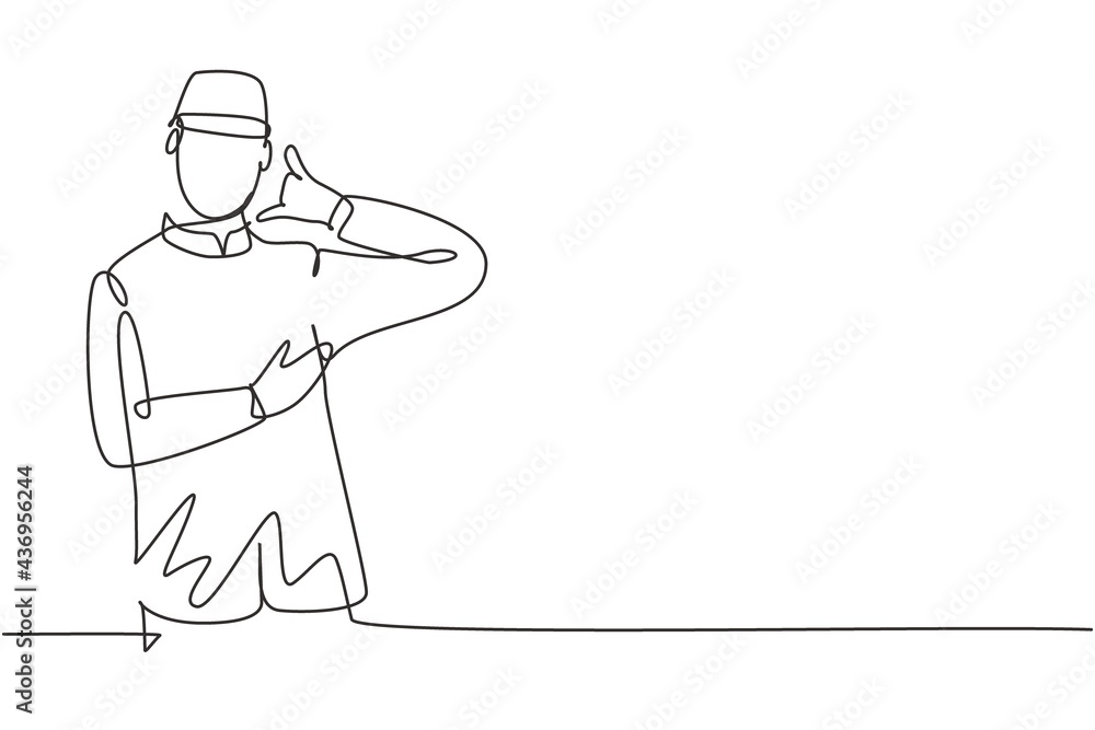 Continuous one line drawing hotel doorman with call me gesture and neat uniform. Serve guests friendly and warm manner. Professional job concept. Single line draw design vector graphic illustration