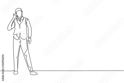 Single one line drawing steward stands in a uniform with call me gesture prepare at airport with the crew flying to their destination. Modern continuous line draw design graphic vector illustration