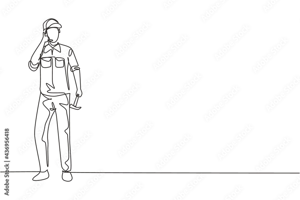 Single continuous line drawing carpenter standing with call me gesture works for wood industry and must be skilled at using carpentry tools. Dynamic one line draw graphic design vector illustration Single continuous line drawing carpenter standing with call me gesture works for wood industry and must be skilled at using carpentry tools. Dynamic one line draw graphic design vector illustration