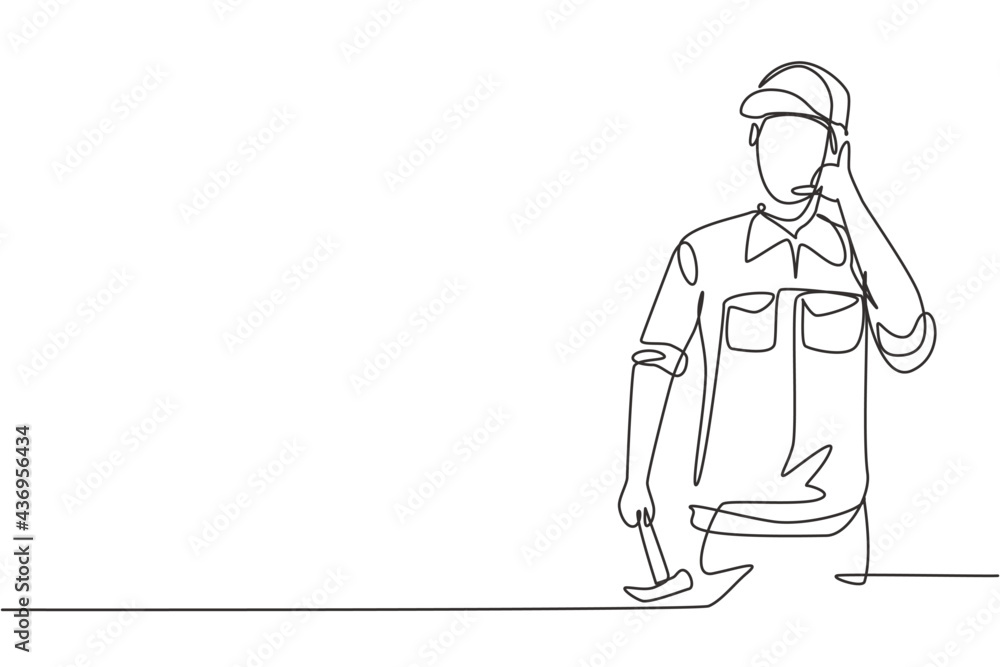 Continuous one line drawing carpenter with call me gesture works in workshop making wooden products. Skills in using carpentry tools. Success job. Single line draw design vector graphic illustration