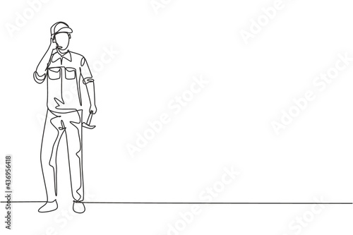 Single continuous line drawing carpenter standing with call me gesture works for wood industry and must be skilled at using carpentry tools. Dynamic one line draw graphic design vector illustration