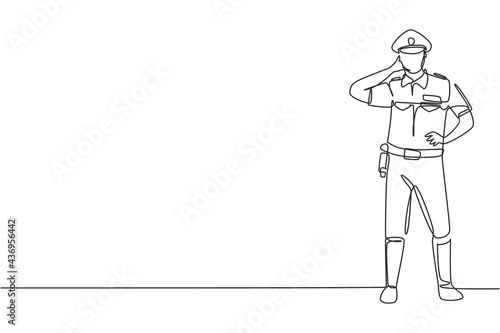 Continuous one line drawing policeman standing with call me gesture and full uniform works to control vehicle traffic on highway. Standby on patrol. Single line draw design vector graphic illustration