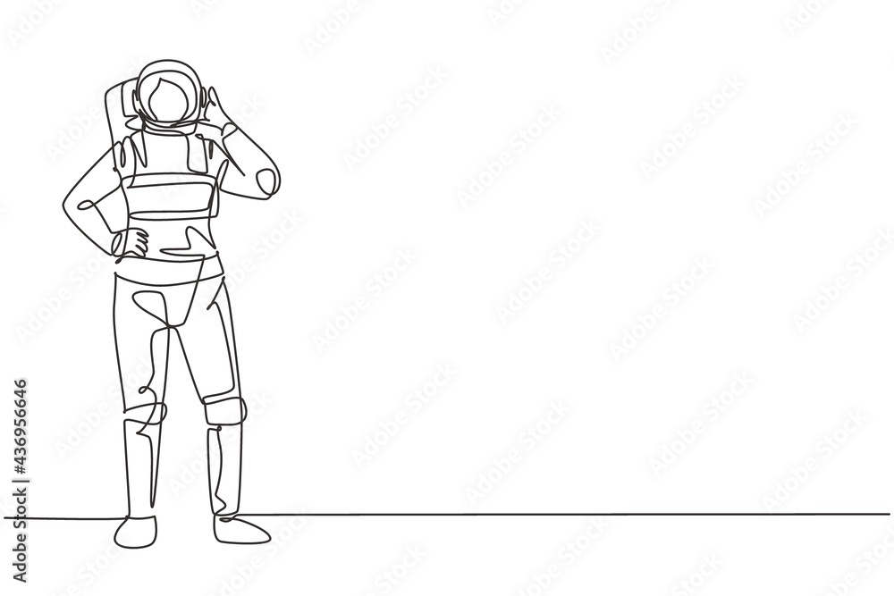 Single continuous line drawing female astronaut stands with call me gesture wearing spacesuit exploring earth, moon, other planets in universe. Dynamic one line draw graphic design vector illustration Single continuous line drawing female astronaut stands with call me gesture wearing spacesuit exploring earth, moon, other planets in universe. Dynamic one line draw graphic design vector illustration