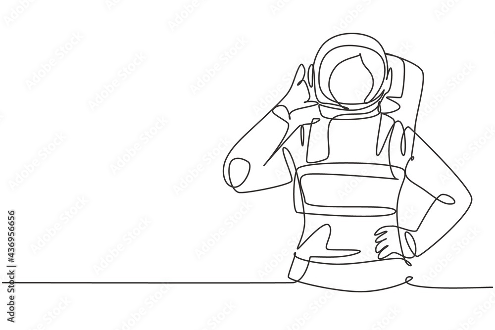 Single one line drawing female astronaut with call me gesture wearing spacesuits to explore outer space in search mysteries of universe. Modern continuous line draw design graphic vector illustration