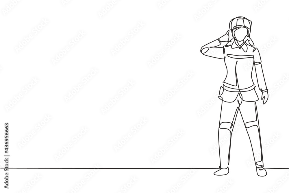 Single continuous line drawing female firefighter stood with call me gesture, wearing helmet and uniform work to extinguish fire at building. Dynamic one line draw graphic design vector illustration