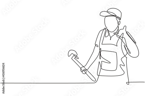 Continuous one line drawing plumber with call me gesture ready to work on repairing the leaking drain in sink and house's drains. Success business. Single line draw design vector graphic illustration