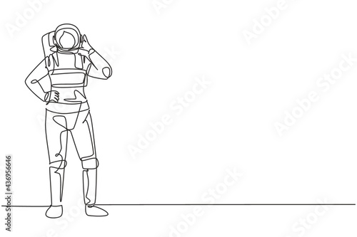 Single continuous line drawing female astronaut stands with call me gesture wearing spacesuit exploring earth, moon, other planets in universe. Dynamic one line draw graphic design vector illustration