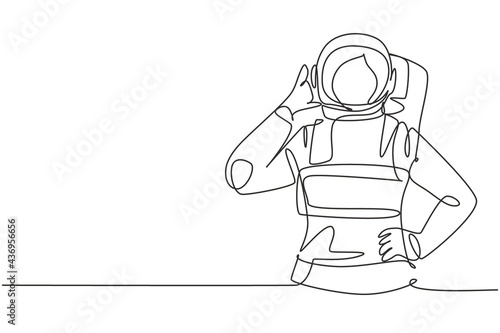 Single one line drawing female astronaut with call me gesture wearing spacesuits to explore outer space in search mysteries of universe. Modern continuous line draw design graphic vector illustration
