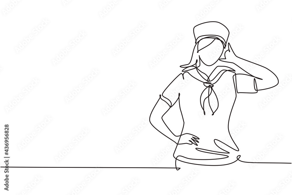 Single continuous line drawing sailor woman with call me gesture and scarf around her neck ready sail across seas in a ship headed by captain. Dynamic one line draw graphic design vector illustration Single continuous line drawing sailor woman with call me gesture and scarf around her neck ready sail across seas in a ship headed by captain. Dynamic one line draw graphic design vector illustration