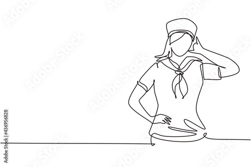 Single continuous line drawing sailor woman with call me gesture and scarf around her neck ready sail across seas in a ship headed by captain. Dynamic one line draw graphic design vector illustration