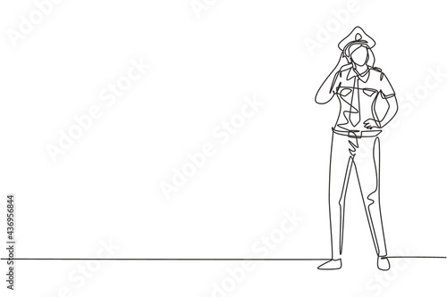 Leinwand Poster Single one line drawing female pilot stands with call me gesture and complete uniform serves airplane passengers fly to destination