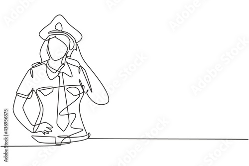 Single one line drawing female pilot with call me gesture and full uniform ready to fly with cabin crew in aircraft at international airport. Continuous line draw design graphic vector illustration