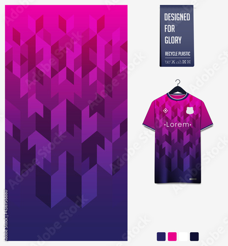 Soccer jersey pattern design. Geometric pattern on violet abstract background for soccer kit, football kit or sports uniform. T-shirt mockup template. Fabric pattern. Sport background. 