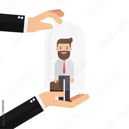 Businessman holding a client in hand covers a glass bulb