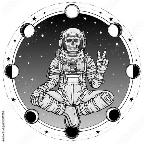 Animation figure of the astronaut skeleton sitting in Buddha pose. Meditation in space. Background - the star sky, phases of the moon. Vector illustration isolated.  Print, poster, t-shirt, card.