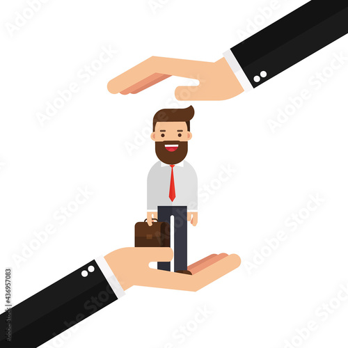 Businessman in hands palm holds client
