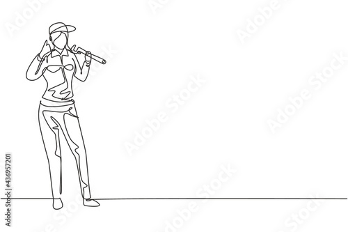 Continuous one line drawing female plumber stands with call me gesture and holding carpentry tool fixing broken plumbing at home. Success business. Single line draw design vector graphic illustration